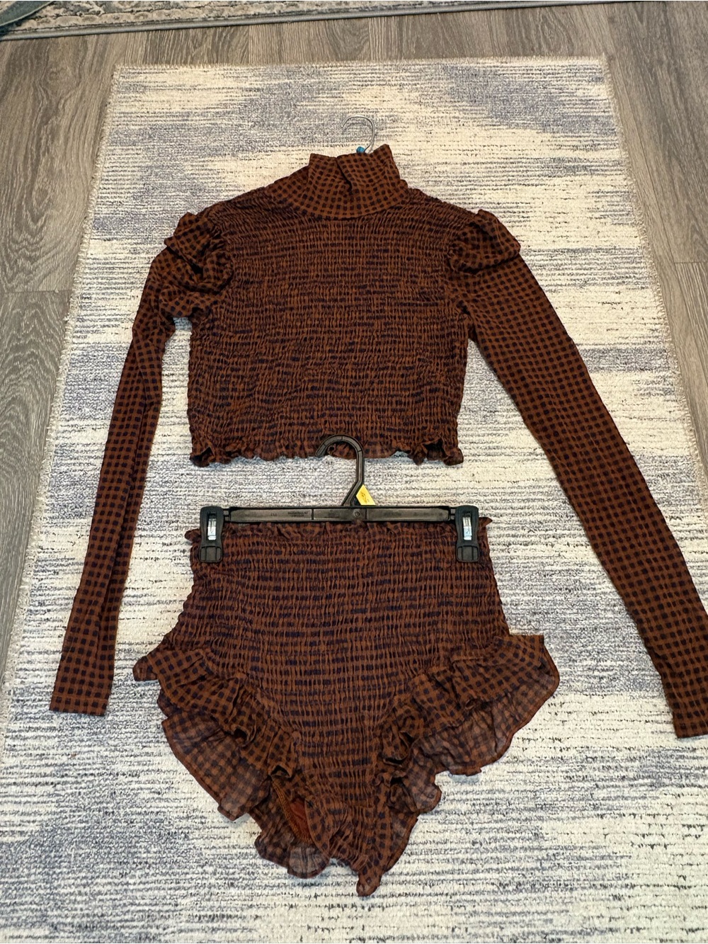 FP Movement by Free People Brown Smocked Ruffle Two-Piece Lounge Set